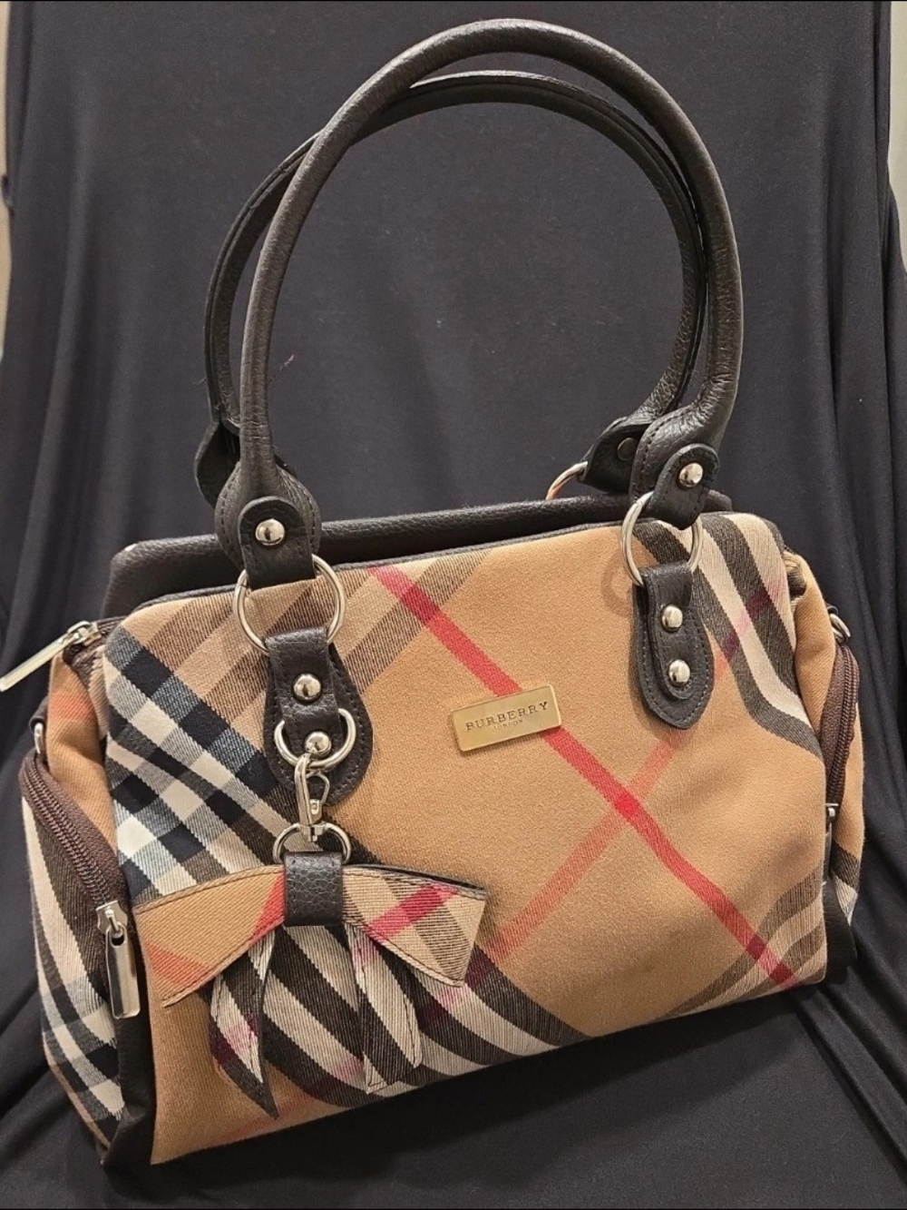 Inspired Purse Tan Plaid Satchel with Black Trim and Red Accent
